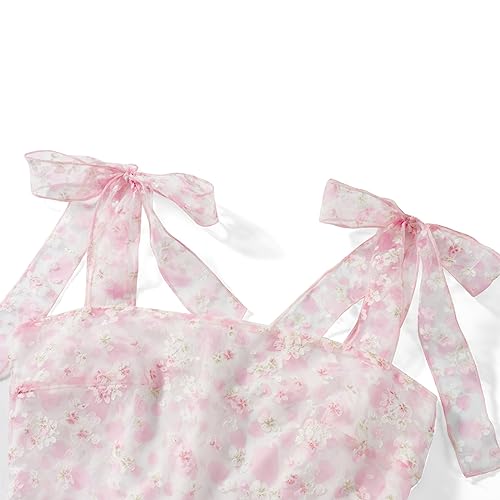 Women Summer Casual Dress Floral Print Tie-Up Shoulder Strap Mini Dress Fashion Double Layer Backless Cami Dress