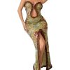 Women's Cut Out Ruffle Trim Bodycon Maxi Slip Dress Floral Split Thigh Spaghetti Strap Long Cami Dresses