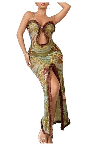 Women's Cut Out Ruffle Trim Bodycon Maxi Slip Dress Floral Split Thigh Spaghetti Strap Long Cami Dresses