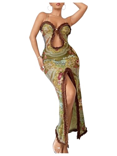 Women's Cut Out Ruffle Trim Bodycon Maxi Slip Dress Floral Split Thigh Spaghetti Strap Long Cami Dresses