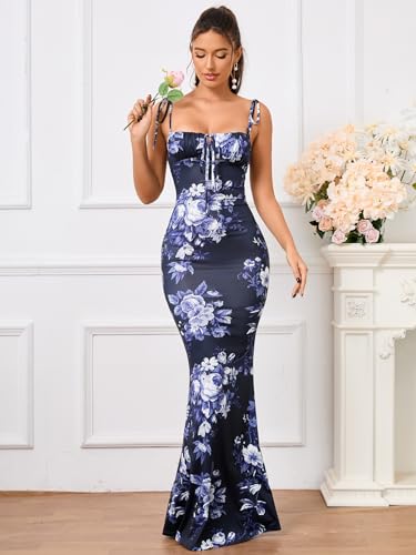 Women's Summer Floral Bodycon Maxi Dress Spaghetti Strap Sleeveless Boho Long Dresses