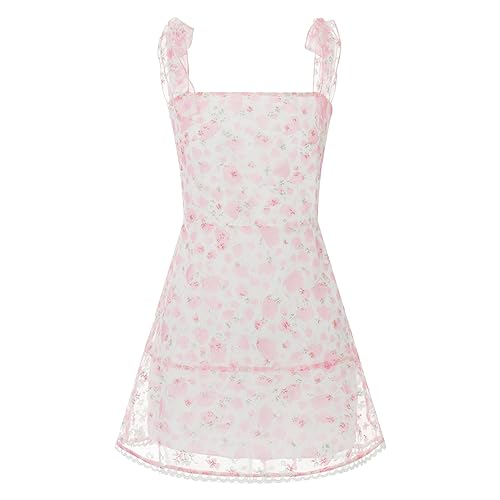Women Summer Casual Dress Floral Print Tie-Up Shoulder Strap Mini Dress Fashion Double Layer Backless Cami Dress