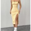 Women's Floral Spaghetti Strap Cami Dress Ruched Bust Slit Midi Dresses