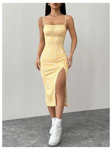 Women's Floral Spaghetti Strap Cami Dress Ruched Bust Slit Midi Dresses