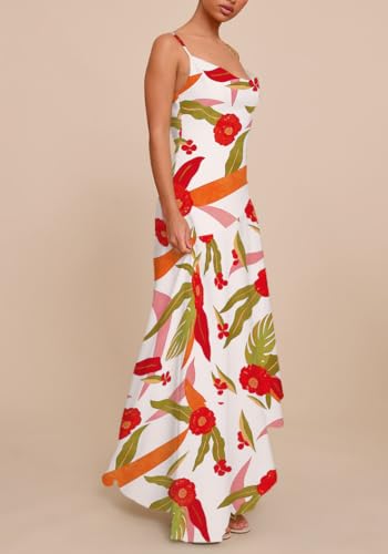 Women Floral Print Back Elastic Adjustable Spaghetti Straps Asymmetrical Hem Summer Cowl Neck Maxi Dress