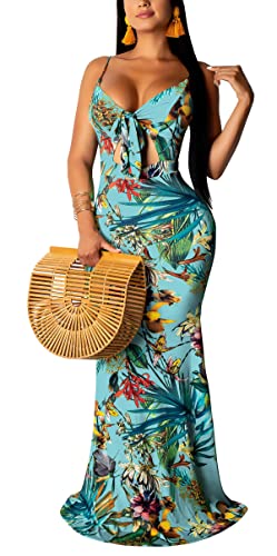 Women's Summer Floral Spaghetti Strap Long Maxi Dresses Low-Cut Bohemian Beach Sundress