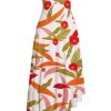Women Floral Print Back Elastic Adjustable Spaghetti Straps Asymmetrical Hem Summer Cowl Neck Maxi Dress