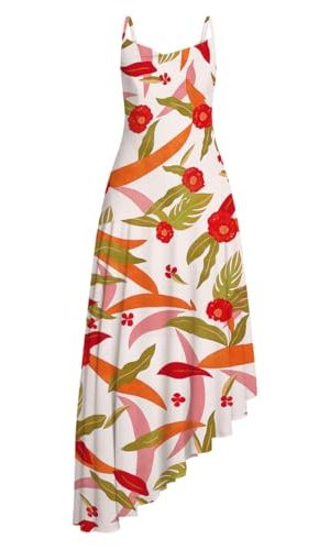Women Floral Print Back Elastic Adjustable Spaghetti Straps Asymmetrical Hem Summer Cowl Neck Maxi Dress