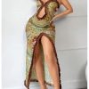 Women's Cut Out Ruffle Trim Bodycon Maxi Slip Dress Floral Split Thigh Spaghetti Strap Long Cami Dresses