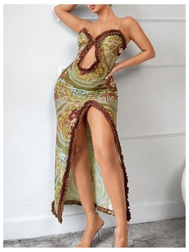 Women's Cut Out Ruffle Trim Bodycon Maxi Slip Dress Floral Split Thigh Spaghetti Strap Long Cami Dresses