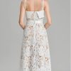 Women Runway Crochet Hollow Out Lace Ruffles Spaghetti Strap Embroidery Belt Lace Up Midi Dress (White,l)