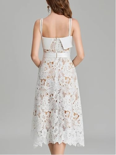 Women Runway Crochet Hollow Out Lace Ruffles Spaghetti Strap Embroidery Belt Lace Up Midi Dress (White,l)