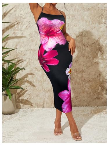 Women's Floral Halter Dress Spaghetti Strap Backless Cami Summer Maxi Dress
