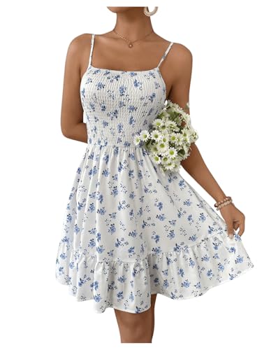 Women's Summer Floral Mini Dress Smocked Ruffle Spaghetti Strap Flowy Boho Cami Dress