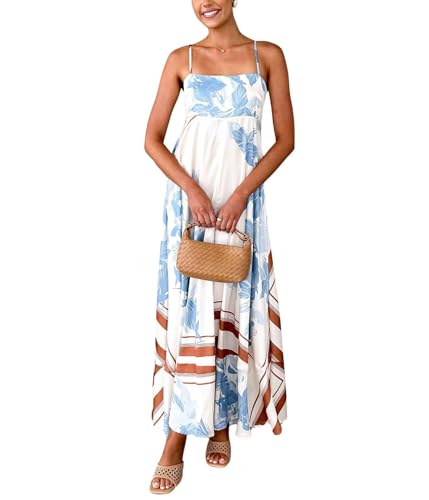 Women's Bohemian Floral Print Back Smocked Maxi Dress Sexy Spaghetti Strap Ruffle Swing Beach Long Dress