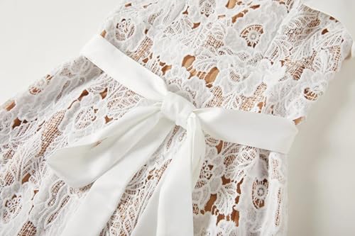 Women Runway Crochet Hollow Out Lace Ruffles Spaghetti Strap Embroidery Belt Lace Up Midi Dress (White,l)