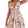 Women's Cut Out Backless Sleeveless Shirred Floral A Line Short Dress
