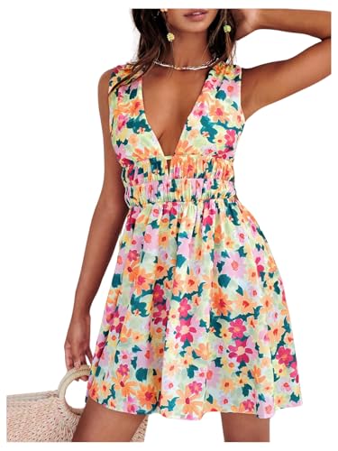 Women's Cut Out Backless Sleeveless Shirred Floral A Line Short Dress