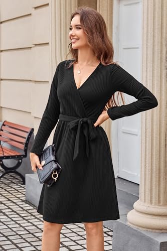 Womens 2025 Fall Dresses Teacher Church Business Casual Work Outfits Knit Midi Sweater Pockets Belt Dress