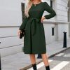 Womens Long Sleeve Casual Dresses 2025 Business Work Teacher Fall Church Belted A Line Flowy Midi Dress