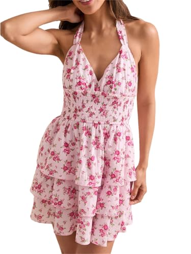 Women's Print Dropped Shoulders Short Mini Dresses Backless Tie-Up High Waist Pleated Dress