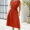 Womens 2025 Summer Drawstring Cap Sleeve Boat Neck Smocked Casual Vacation Outfits Vestidos Midi Dress