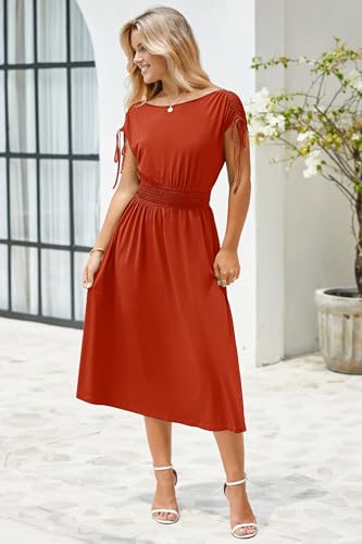 Womens 2025 Summer Drawstring Cap Sleeve Boat Neck Smocked Casual Vacation Outfits Vestidos Midi Dress