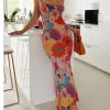 Women Floral Bodycon Maxi Dress 2025 Spaghetti Strap Lace Trim Zipper Long Summer Dress