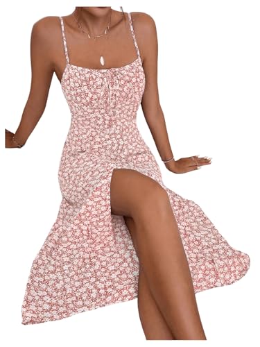 Women's Summer Split Thigh Spaghetti Strap Cami Midi Floral Dress