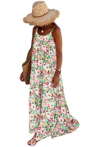 Women Summer Dresses 2025 Spaghetti Strap Scoop Neck Floral Maxi Dress Flowy Boho Long Sundress with Pockets