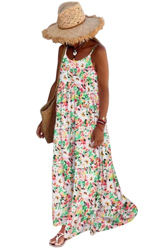 Women Summer Dresses 2025 Spaghetti Strap Scoop Neck Floral Maxi Dress Flowy Boho Long Sundress with Pockets