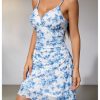 Women Boho Floral Ruched V Neck Cami Mini Dress Lettuce Trim Spaghetti Strap Short Dress