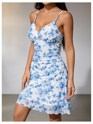 Women Boho Floral Ruched V Neck Cami Mini Dress Lettuce Trim Spaghetti Strap Short Dress