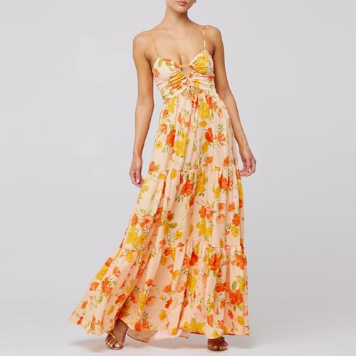 Women’s Summer Bodycon Maxi Dresses Floral Print Spaghetti Strap Cut Out Dress Y2K Beach Boho Long Dress