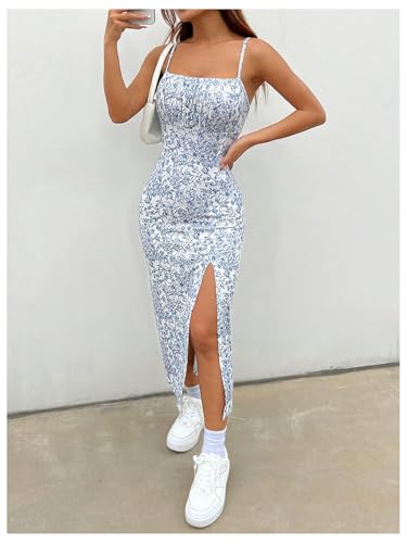 Women's Summer Ditsy Floral Print Spaghetti Strap Split Thigh Cami Midi Dress