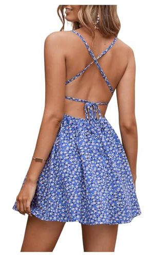 Women's Summer Ditsy Floral Backless Tie Back Sleeveless Cami Mini Dress