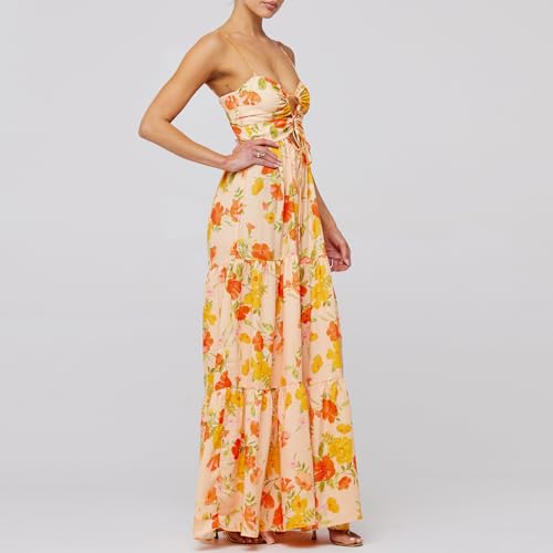Women’s Summer Bodycon Maxi Dresses Floral Print Spaghetti Strap Cut Out Dress Y2K Beach Boho Long Dress
