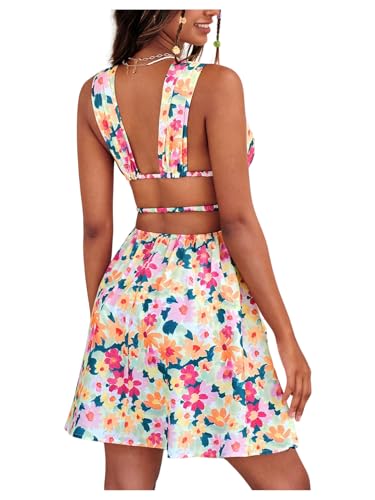 Women's Cut Out Backless Sleeveless Shirred Floral A Line Short Dress