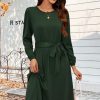 Womens Long Sleeve Casual Dresses 2025 Business Work Teacher Fall Church Belted A Line Flowy Midi Dress