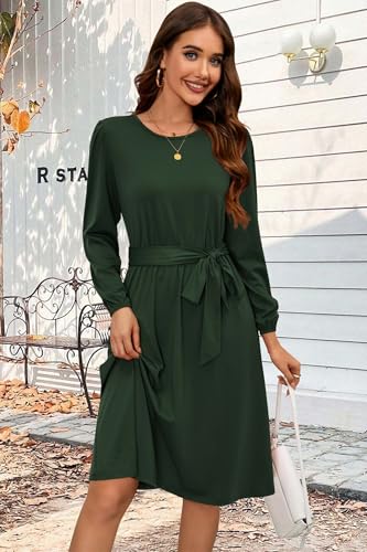 Womens Long Sleeve Casual Dresses 2025 Business Work Teacher Fall Church Belted A Line Flowy Midi Dress