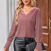 Women's Velvet Smocked Dressy Casual Fall Outfits Long Sleeve Button Down Shirts Business Work Tops Trendy