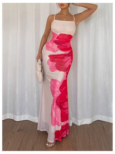 Women's Boho Floral Mesh Cami Spaghetti Strap Bodycon Maxi Summer Dresses