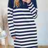 Women's Winter Sweater Dress 2024 Striped Long Sleeve Lapel Collar Chunky Knit Slouchy Oversized Sweaters
