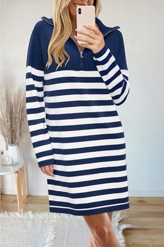 Women's Winter Sweater Dress 2024 Striped Long Sleeve Lapel Collar Chunky Knit Slouchy Oversized Sweaters
