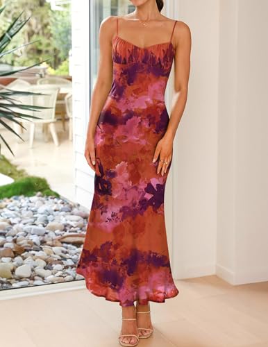 Womens Summer Floral Spaghetti Straps Maxi Dress 2025 Sleeveless Square Neck Bodycon Beach Boho Long Dresses