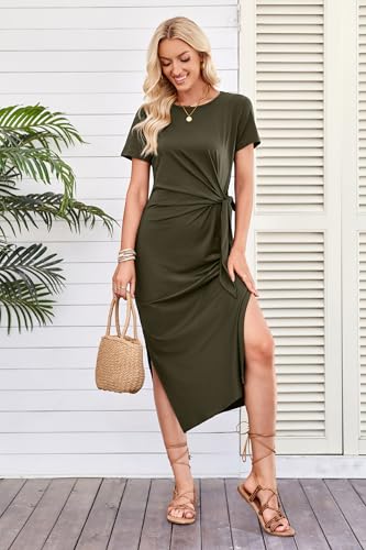 Women 2025 Summer Casual Dress Tie Waist T Shirt Short Sleeve Beach Crew Neck Slit Maxi Trendy