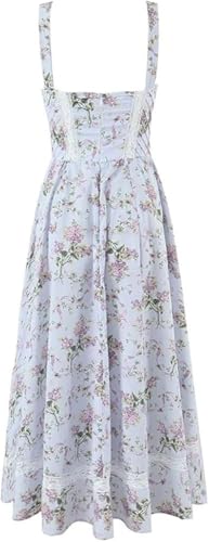 Women's Lace Spliced Floral Print Vacation Dress Sexy Square Neck Spaghetti Straps Slim Fit Midi Dresses