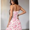Women Boho Floral Ruched V Neck Cami Mini Dress Lettuce Trim Spaghetti Strap Short Dress