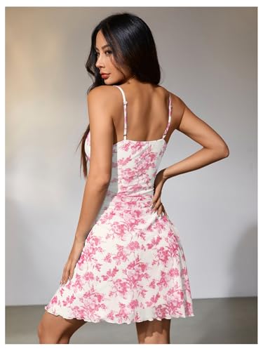 Women Boho Floral Ruched V Neck Cami Mini Dress Lettuce Trim Spaghetti Strap Short Dress