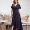 Long Formal Dresses for Women Elegant V Neck Wrap Ruffle Cocktail Wedding Guest Dress Evening Party Gown